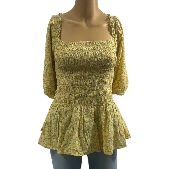 a.n.a a new approach Woman Yellow Shirred Blouse puff sleeves SZ/ XLT - Picture 1 of 10